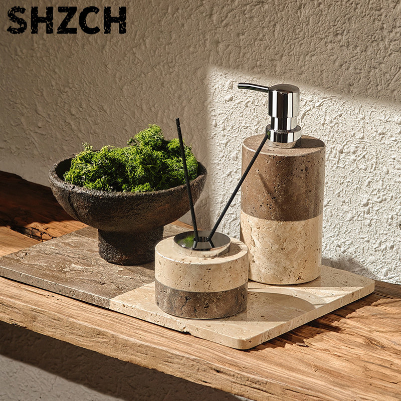 Home Bathroom Glass - Set Dispenser Lozione Bagno in Travertino,